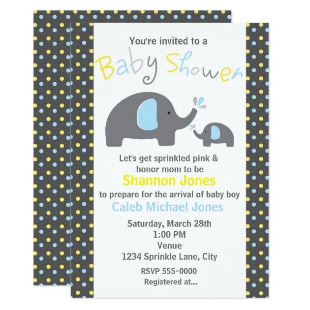 Baby Shower 2 Elephants Blue Polka Dot Invitation