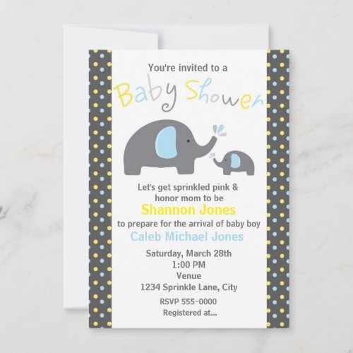 Baby Shower 2 Elephants Blue Polka Dot Invitation