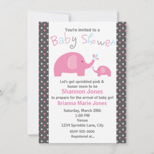 Baby Shower 2 Pink Elephants Polka Dot Invitation