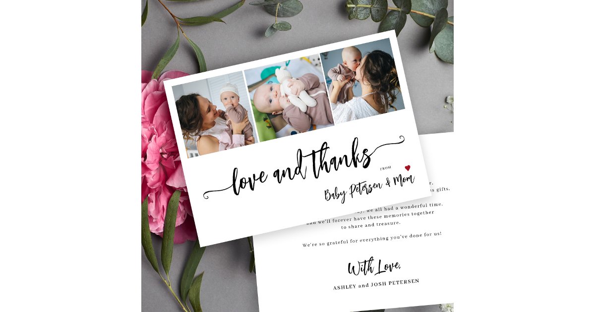 Baby shower 3 photo collage elegant script thank you card | Zazzle