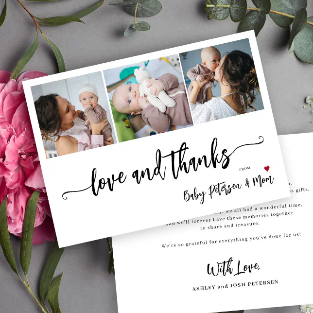 Baby shower 3 photo collage elegant script thank you card | Zazzle