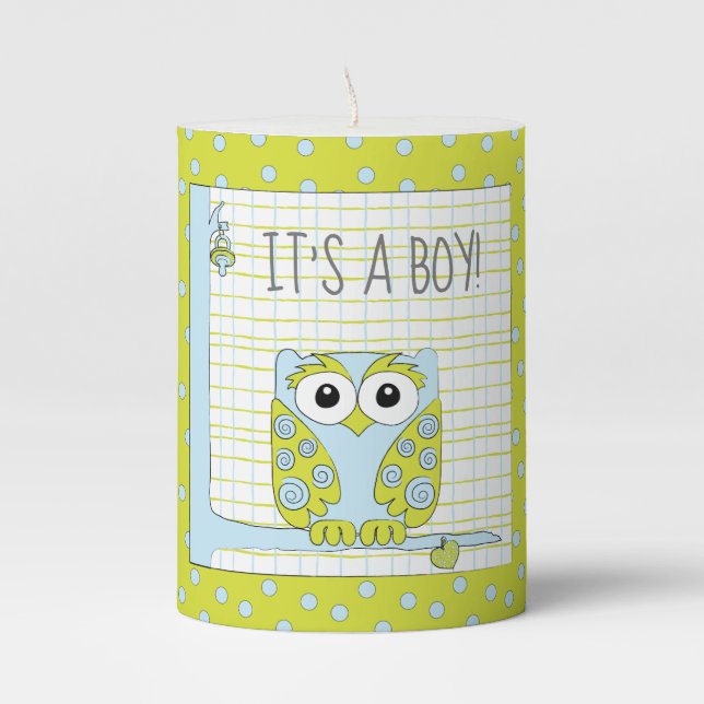 Baby Shower 3  x 4" Pillar Candle Blue Owl (Front)