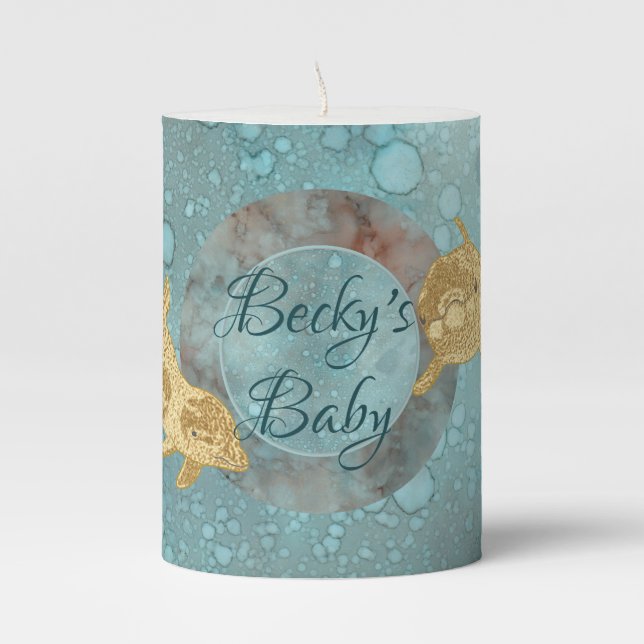 Baby Shower 3 x 4" Pillar Candle Gold Dolphin (Front)