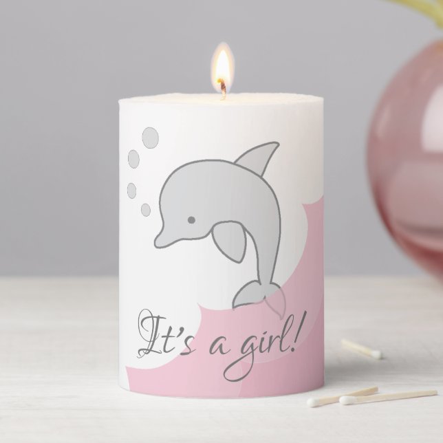 Baby Shower 3  x 4" Pillar Candle Pink Dolphin (In Situ)