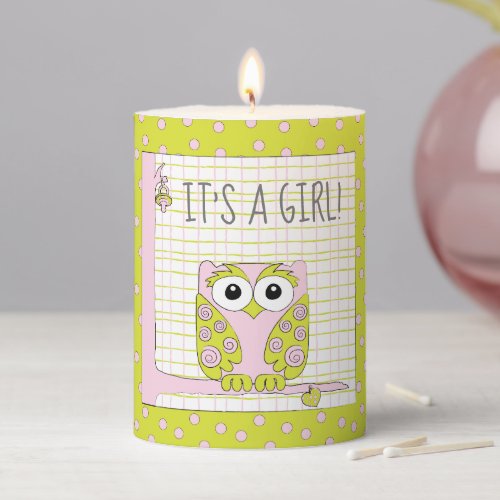 Baby Shower 3  x 4 Pillar Candle Pink Owl