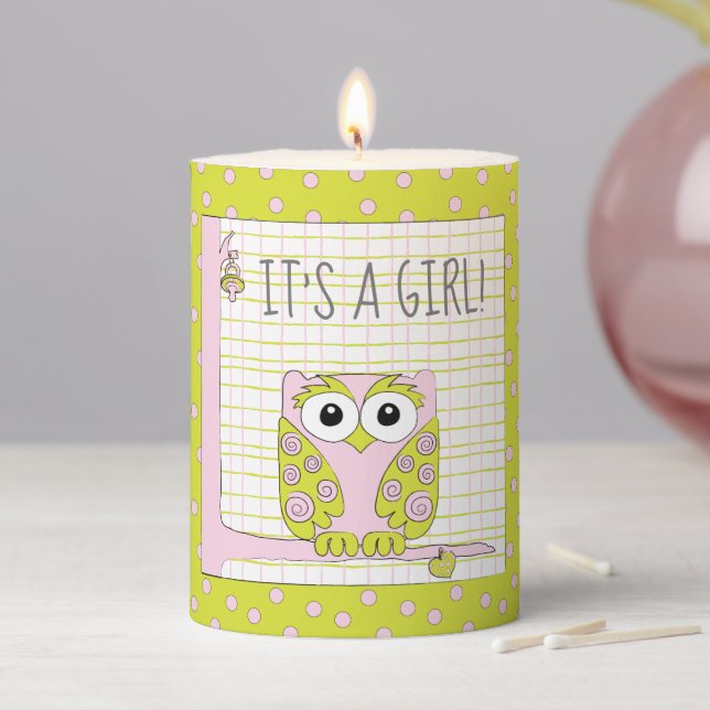 Baby Shower 3  x 4" Pillar Candle Pink Owl (In Situ)