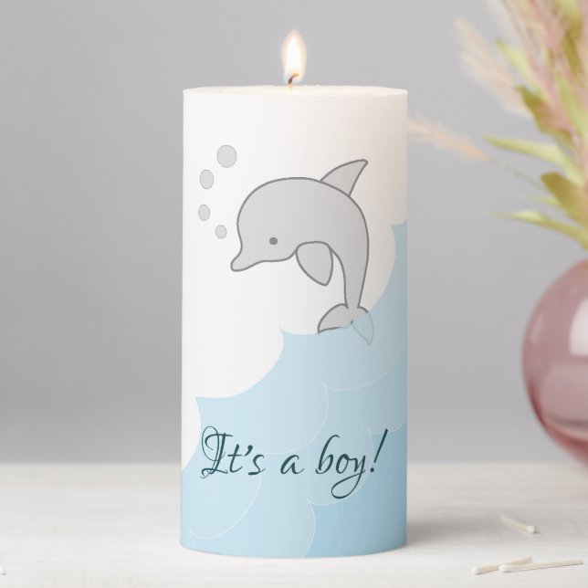 Baby Shower 3  x 6" Pillar Candle Blue Dolphin (In Situ)