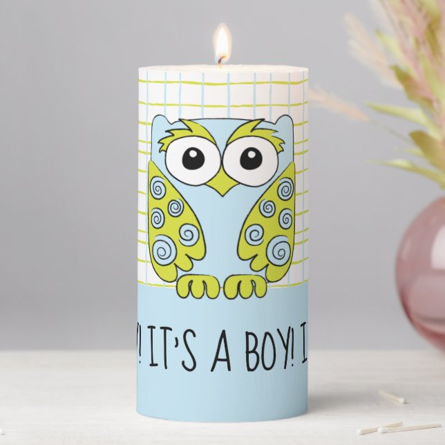 Baby Shower 3  x 6" Pillar Candle Blue Owl (In Situ)