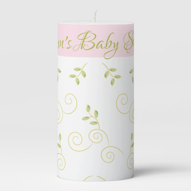 Baby Shower 3 x 6" Pillar Candle Gold Birds/Pink (Front)