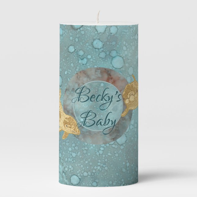 Baby Shower 3 x 6" Pillar Candle Gold Dolphin (Front)