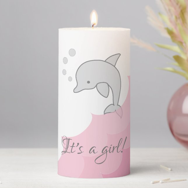 Baby Shower 3  x 6" Pillar Candle Pink Dolphin (In Situ)