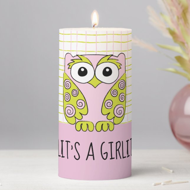 Baby Shower 3  x 6" Pillar Candle Pink Owl (In Situ)
