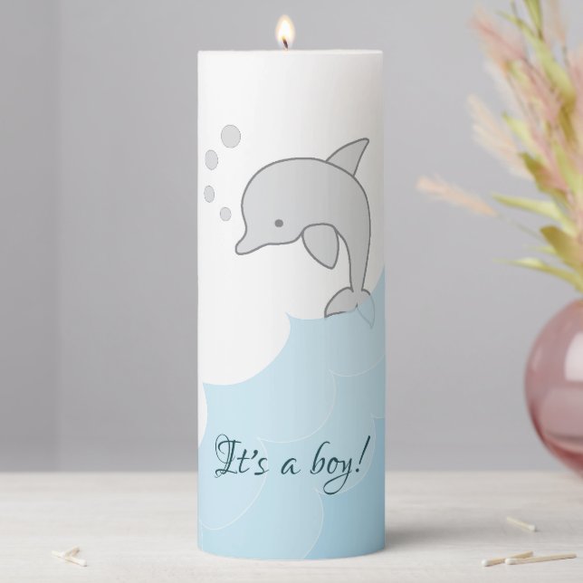 Baby Shower 3  x 8" Pillar Candle Blue Dolphin (In Situ)