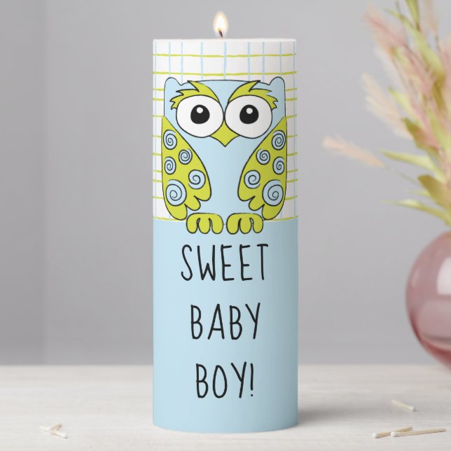 Baby Shower 3  x 8" Pillar Candle Blue Owl (In Situ)