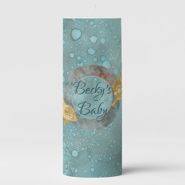 Baby Shower 3 x 8" Pillar Candle Gold Dolphin (Front)
