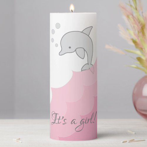 Baby Shower 3  x 8 Pillar Candle Pink Dolphin