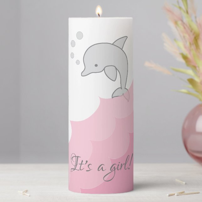 Baby Shower 3  x 8" Pillar Candle Pink Dolphin (In Situ)