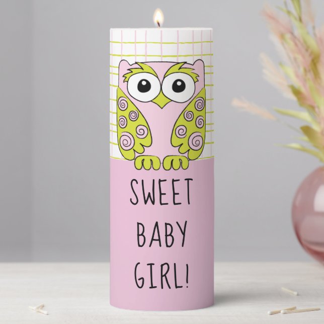 Baby Shower 3  x 8" Pillar Candle Pink Owl (In Situ)