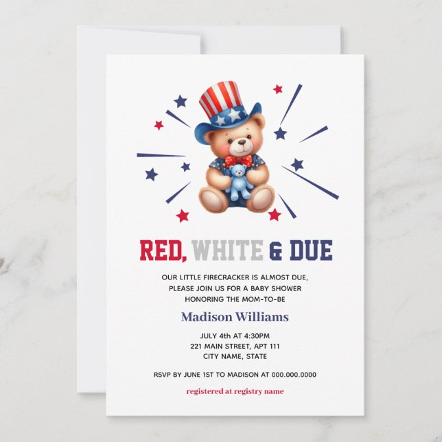 Baby Shower 4th Of July Bear Red White Due Invitation (Front)