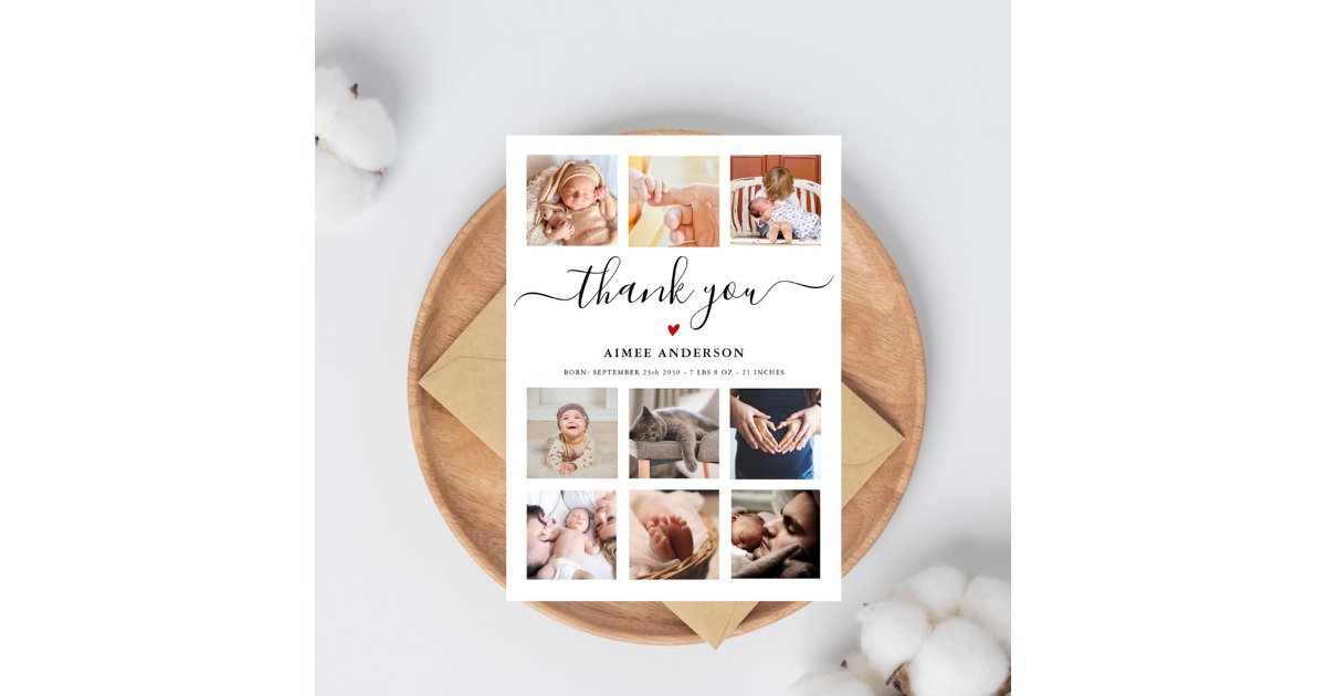 Baby shower 9 photo collage thank you chic script | Zazzle