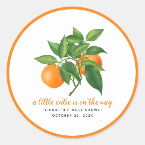 Baby Shower A Little Cutie Citrus Orange  Leaves Classic Round Sticker