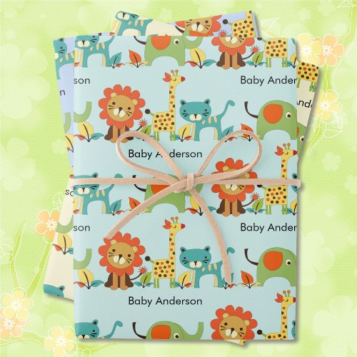 Baby Shower Add Name Lion Giraffe Elephant 3 Wrapping Paper Sheets