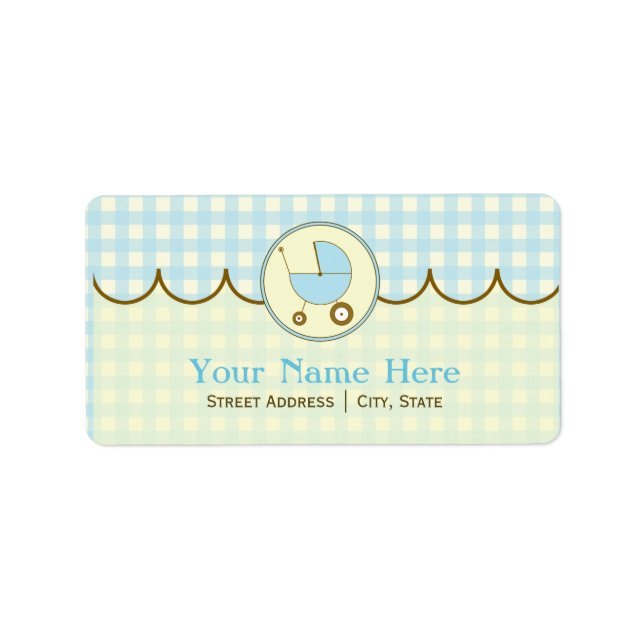 Baby Shower Address Label- Blue Gingham & Brown Label (Front)