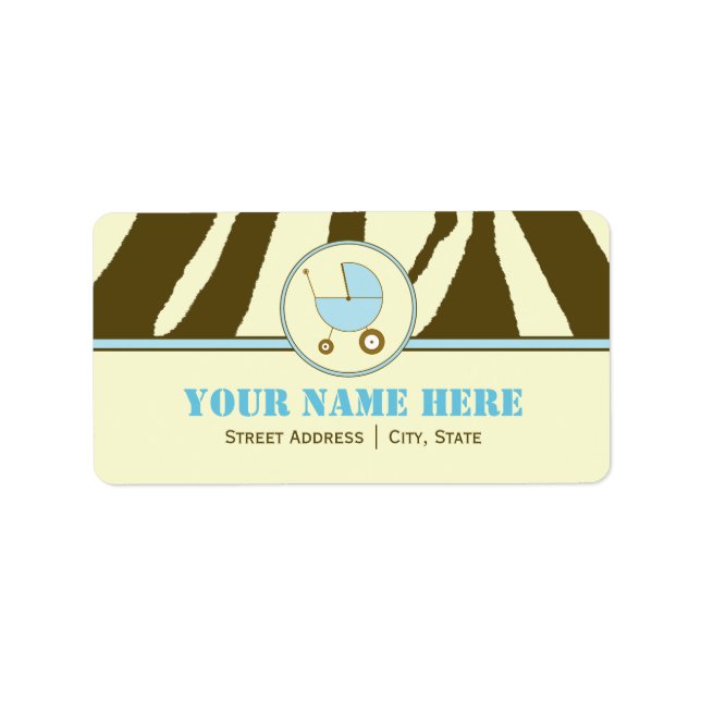 Baby Shower Address Label- Brown Zebra Print Blue Label (Front)