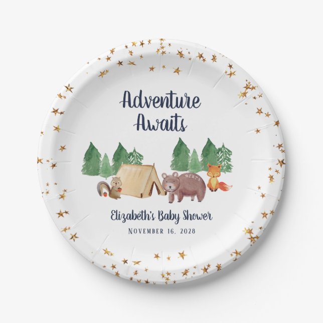 Baby Shower Adventure Awaits Woodland Animals Paper Plates (Front)