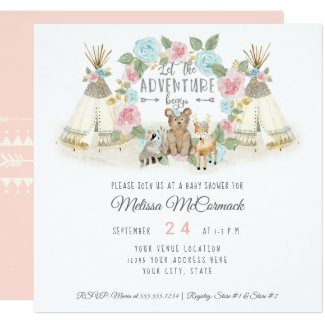Baby Shower Adventure Begin Teepee Bear Deer Blush Invitation