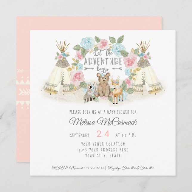 Baby Shower Adventure Begin Teepee Bear Deer Blush Invitation (Front/Back)