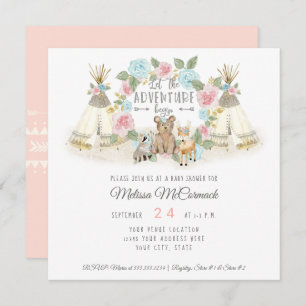 Baby Shower Adventure Begin Teepee Bear Deer Blush Invitation