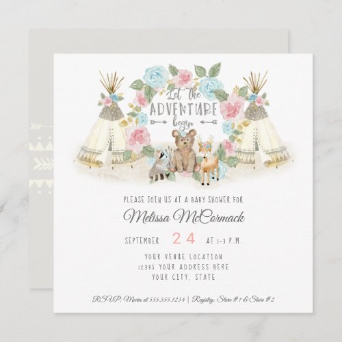 Baby Shower Adventure Begin Teepee Bear Deer Gray Invitation