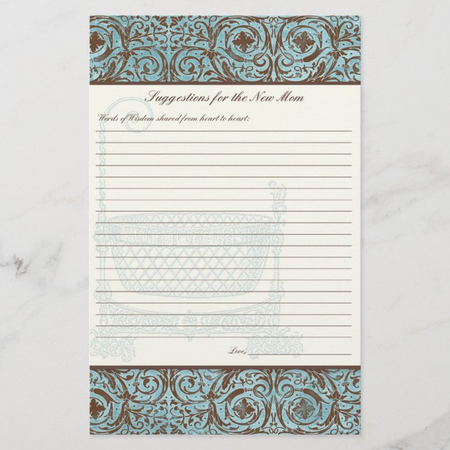 Baby Shower Advice for New Mom - Blue Brown Damask (Front)