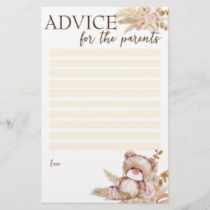 Baby shower advice for the parents teddy bear stationery
