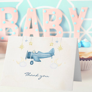 Baby Shower Airplane Clouds Stars Cute Blue Modern Thank You Card