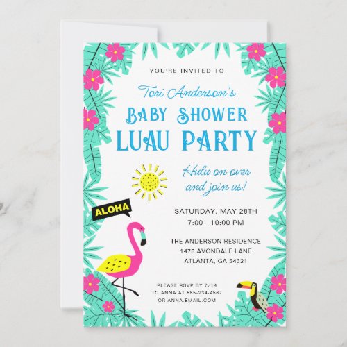 Baby Shower Aloha Tropical Flamingo Luau Blue  Invitation