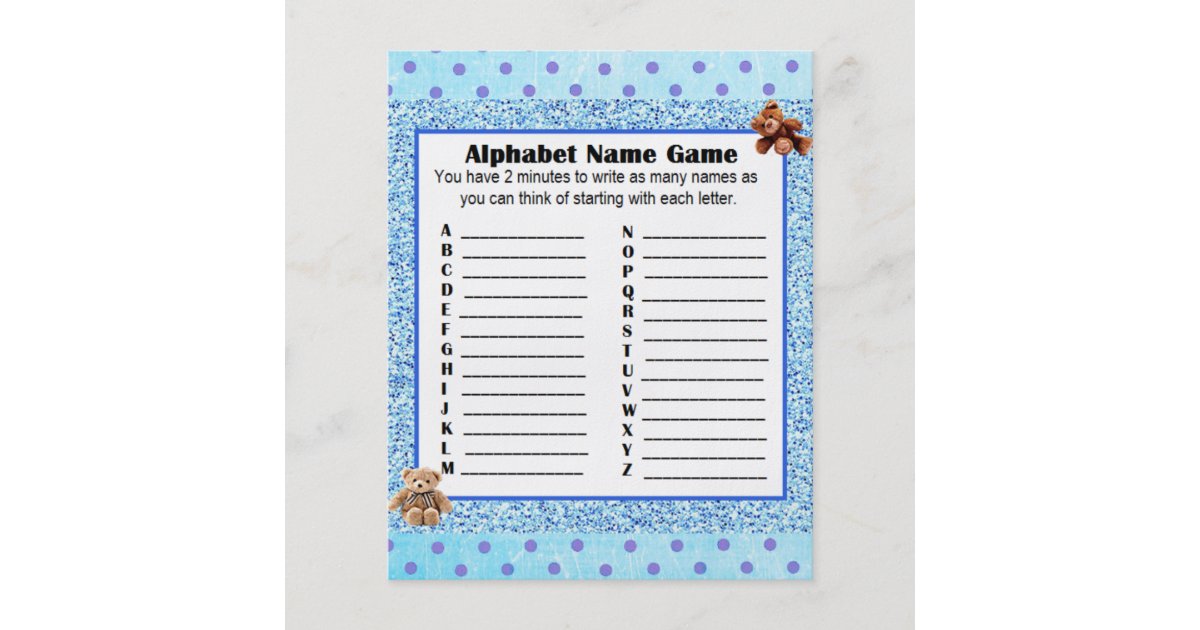 Baby Shower Alphabet Name Bingo Game Teddy Bear Flyer