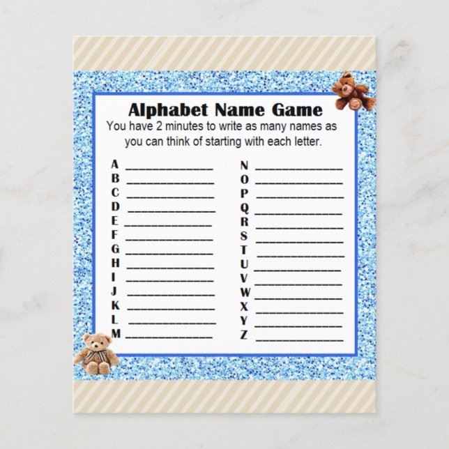 Baby Shower Alphabet Name BINGO Game Teddy Bear Flyer (Front)