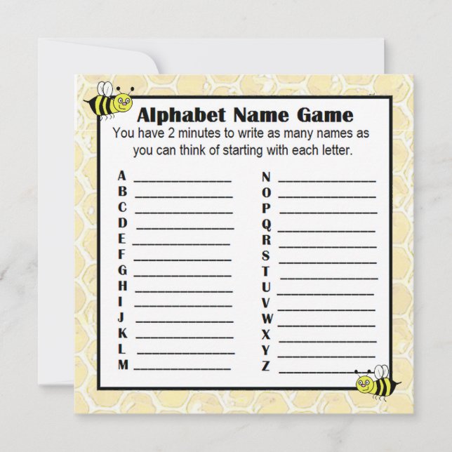 Baby Shower Alphabet Name Game BINGO Bumblebee Invitation (Front)
