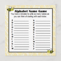 Baby Shower Alphabet Name Game BINGO Bumblebee Invitation