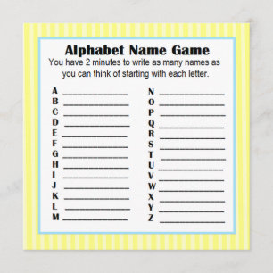 Baby Shower Alphabet Name Game BINGO Yellow & Blue Invitation
