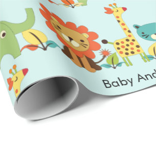 Baby Shower Animals Add Name Giraffe Lion Boy Girl Wrapping Paper