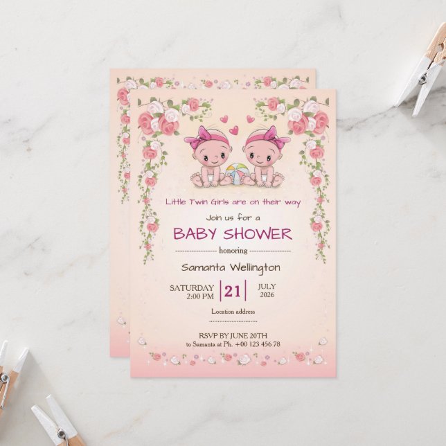 baby shower announcement for TWIN Girls (Front/Back In Situ)