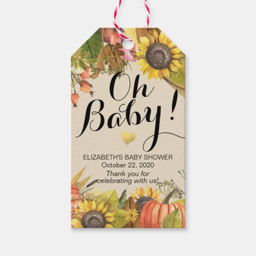 Baby Shower Autumn Maple Leaves Pumpkins Sunflower Gift Tags