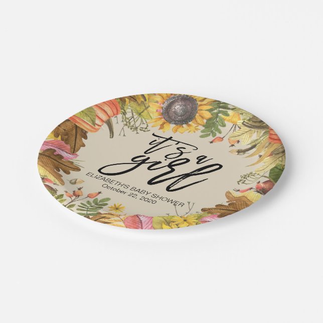 Baby Shower Autumn Maple Leaves Pumpkins Sunflower Paper Plates (Angled)
