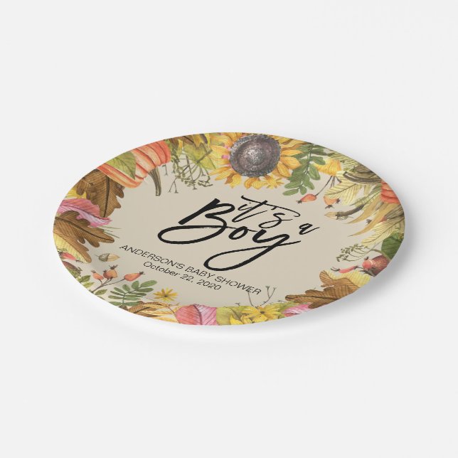 Baby Shower Autumn Maple Leaves Pumpkins Sunflower Paper Plates (Angled)