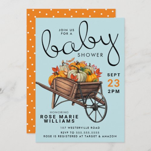 BABY SHOWER  Autumn Pumpkin Wheel Barrel Invitation