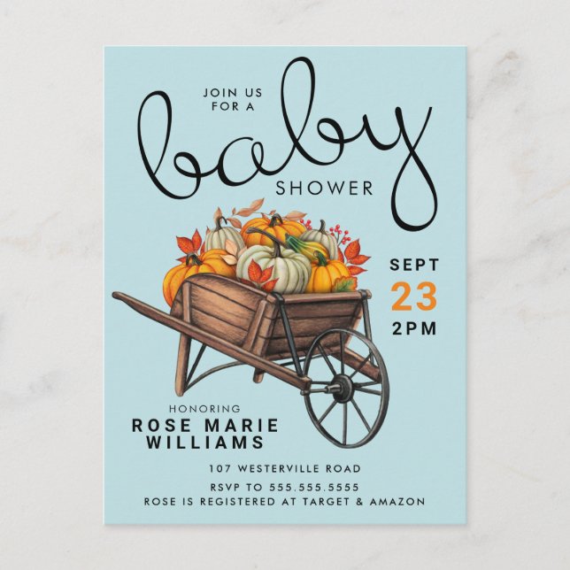 BABY SHOWER | Autumn Pumpkin Wheel Barrel Postcard (Front)