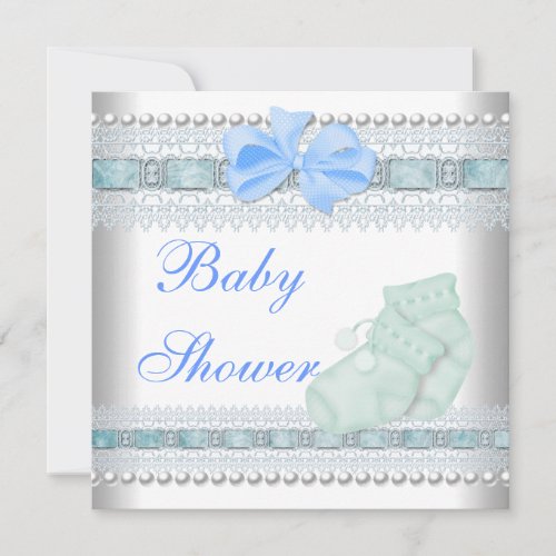 Baby Shower Baby Blue Booties Pearl Lace Custom Invites